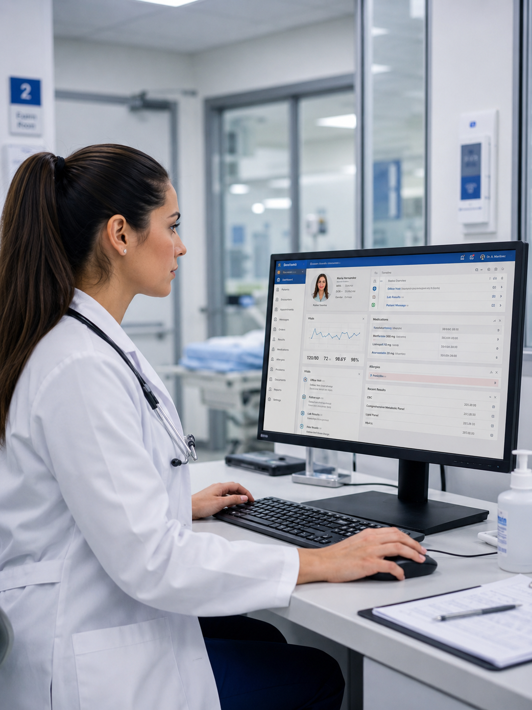 Médico revisando expediente en sistema hospitalario